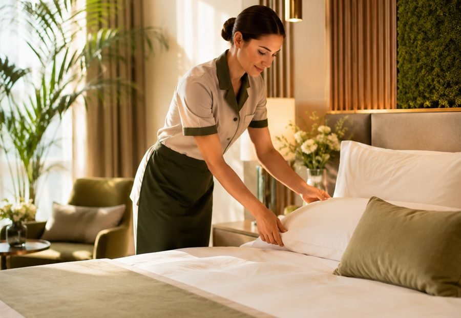 Housekeeping-Mitarbeiterin richtet ein helles Hotelzimmer her
